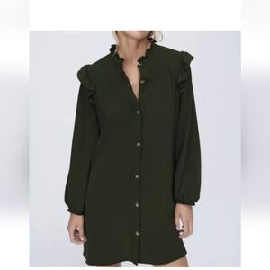 Zara Womens Oversized Xs Dark Green Ruffled Button-Up Dress